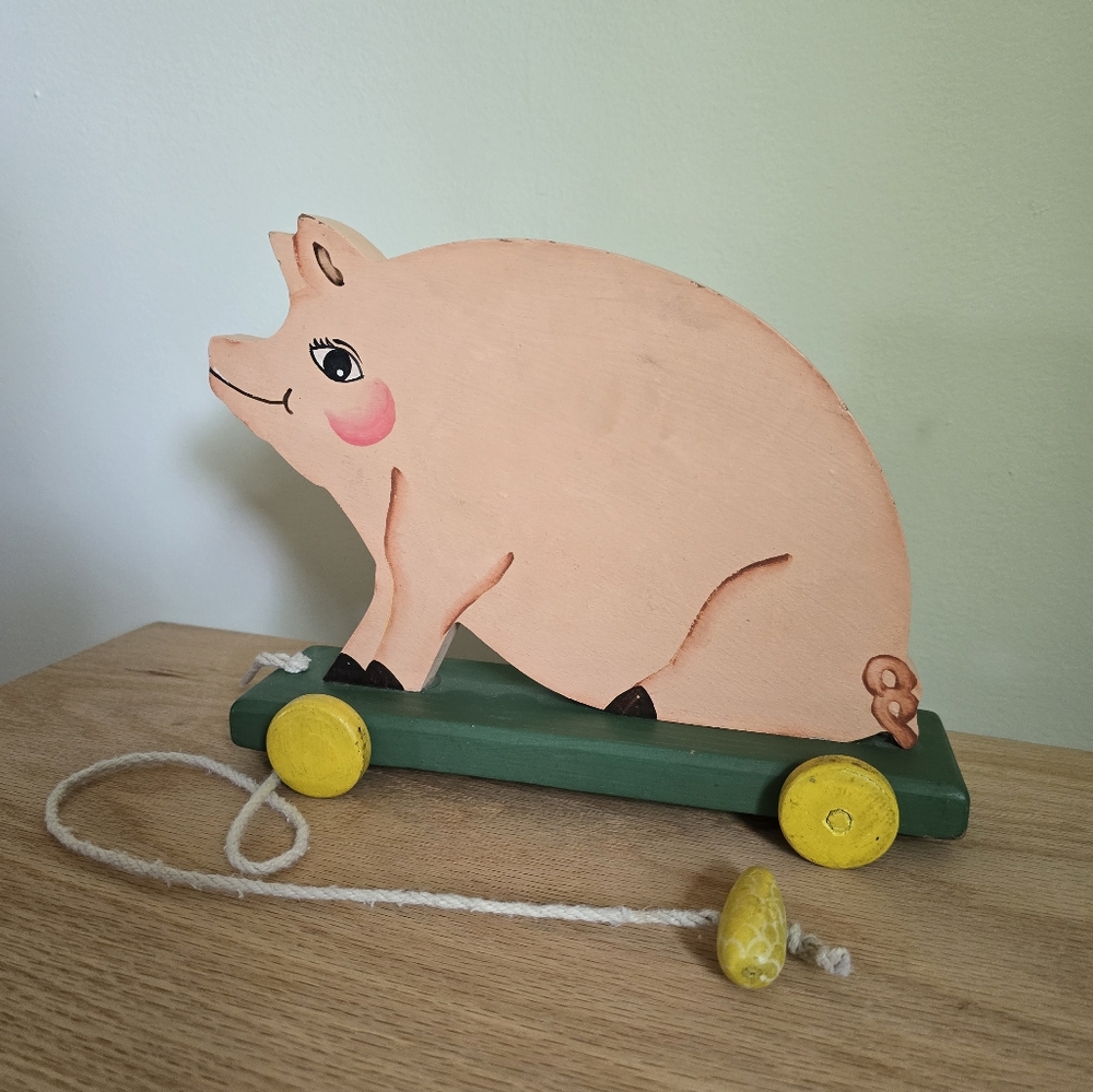 Wooden Pig Pull Toy with Yellow Wheels
